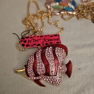 Betsey Johnson Sparkling Red and Gold Fish Necklace And Brooch NEW LG